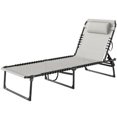 Folding Chaise Lounge Pool Chair with 4-Position Reclining Back, Pillow, Breathable Mesh & Bungee Seat, Cream White