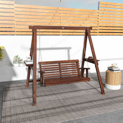 2-Seat Outdoor Swing Chair with Stand and Side Tables for Garden, Poolside, Backyard, Carbonized