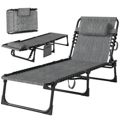 Chaise Lounge Chair Outdoor, 5-Position Adjustable Sun Tanning Chair with Carrying Handle and Side Pocket, Folding Bed Cot with Removable Pillow for Garden, Beach, Patio, Pool, Camp, Gray