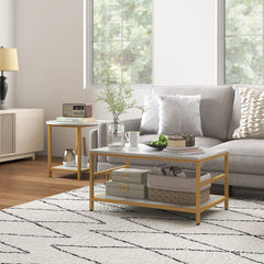Coffee Tables Set of 2, Rectangle and Round Coffee Table with Storage Shelves, Faux Marble Top, Living Room Table Set
