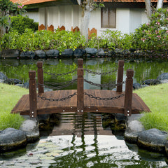 5 ft Wooden Garden Bridge Arc Footbridge with Metal Chain Railings & Solid Fir Construction, Carbonized