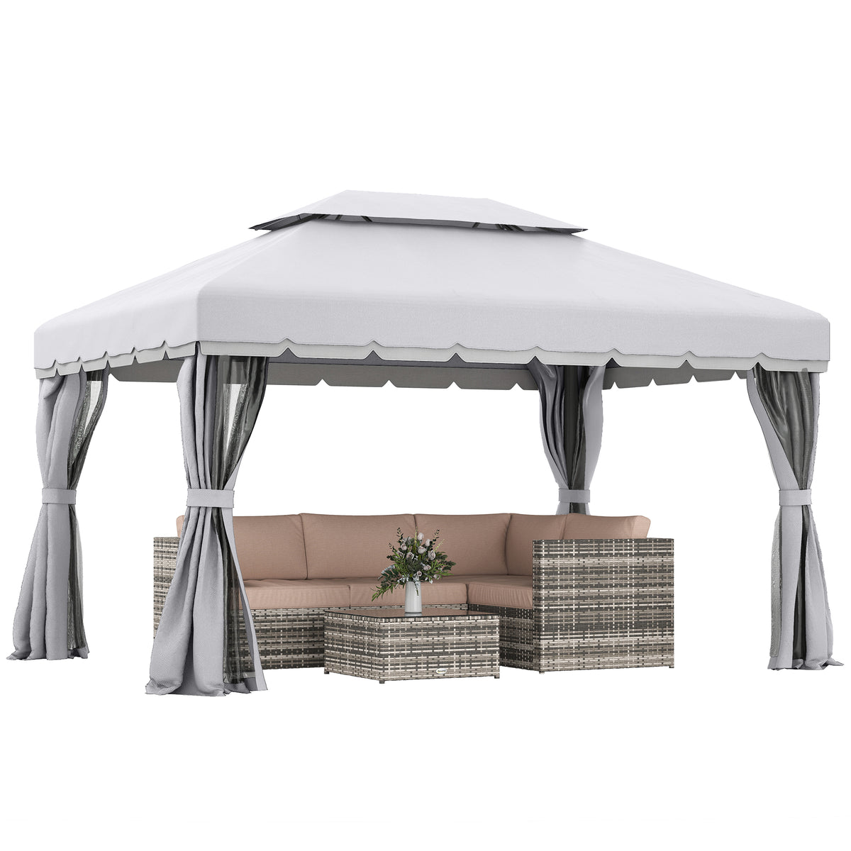 10' x 13' Patio Gazebo, Aluminum Frame Double Roof Outdoor Gazebo Canopy Shelter with Netting & Curtains, Light Gray