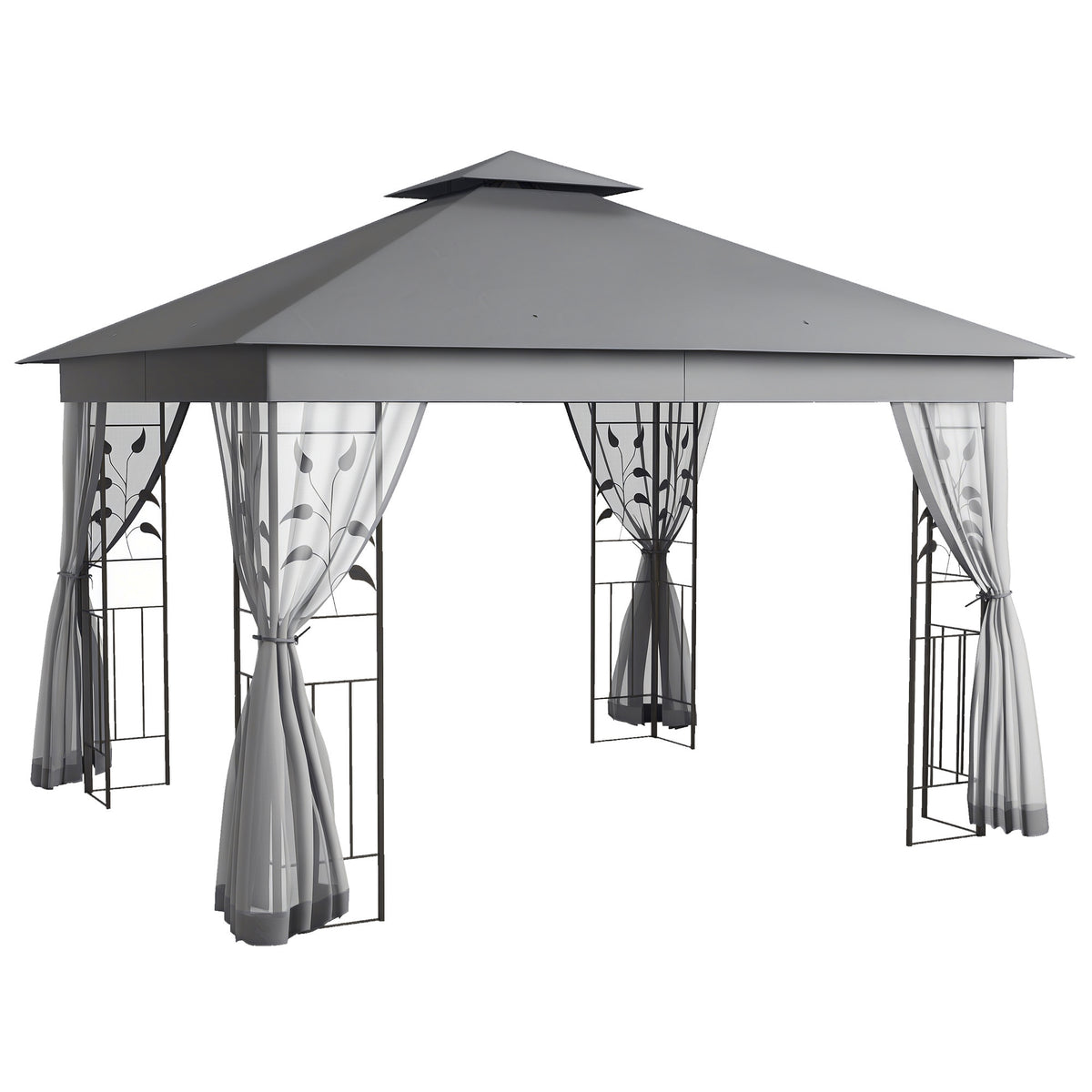 10' x 11.5' Metal Patio Gazebo, Double Roof Outdoor Gazebo Canopy Shelter w/Tree Motifs Corner Frame and Netting, Gray