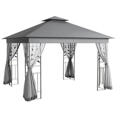 10' x 11.5' Metal Patio Gazebo, Double Roof Outdoor Gazebo Canopy Shelter w/Tree Motifs Corner Frame and Netting, Gray