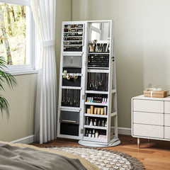 360° Swivel Jewelry Armoire, Lockable Jewelry Cabinet with Full-Length Mirror, Storage Shelves, White
