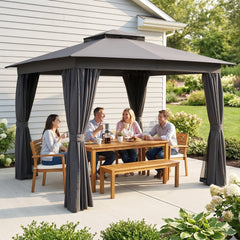 10' x 10' Outdoor Patio Gazebo, Soft Top Gazebo Canopy Shelter with Curtains, Netting, Steel Frame, Hook, Dark Gray