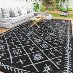 Reversible Outdoor Rug, Waterproof Plastic Straw with Carry Bag, 9' x 18', Black & Gray Rhombus