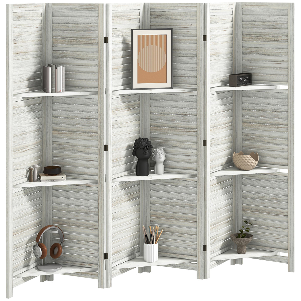 6 Panel 67" Tall Wood Privacy Screen Room Divider with 3 Shelves and Folding Storage for Bedroom, White