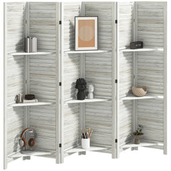 6 Panel 67" Tall Wood Privacy Screen Room Divider with 3 Shelves and Folding Storage for Bedroom, White