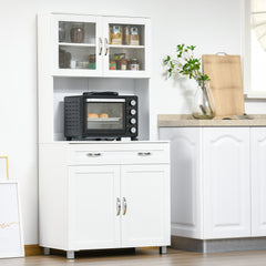 67" Buffet with Hutch, Modern Kitchen Pantry, Freestanding Cabinet with Glass Doors, Shelves and Drawers, White