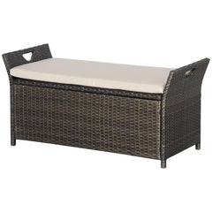29 Gallon Patio Wicker Storage Bench, Outdoor PE Rattan Patio Furniture, 2-In-1 Large Capacity Rectangle Garden Storage Box with Handles and Cushion, Cream White