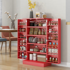 Freestanding Kitchen Pantry Cabinet, Kitchen Cabinet with 12 Door Shelves, Double Doors, 5-tier Shelving, Red