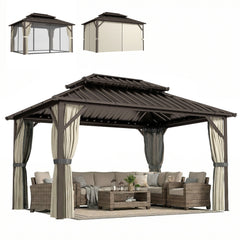 10' x 14' Hardtop Gazebo with Double Galvanized Steel Roof Canopy, Aluminum Frame Permanent Gazebo, Brown