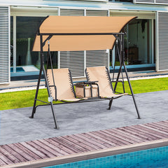 2 Person Porch Swing with Canopy, Storage Table, Cup Holder, Beige