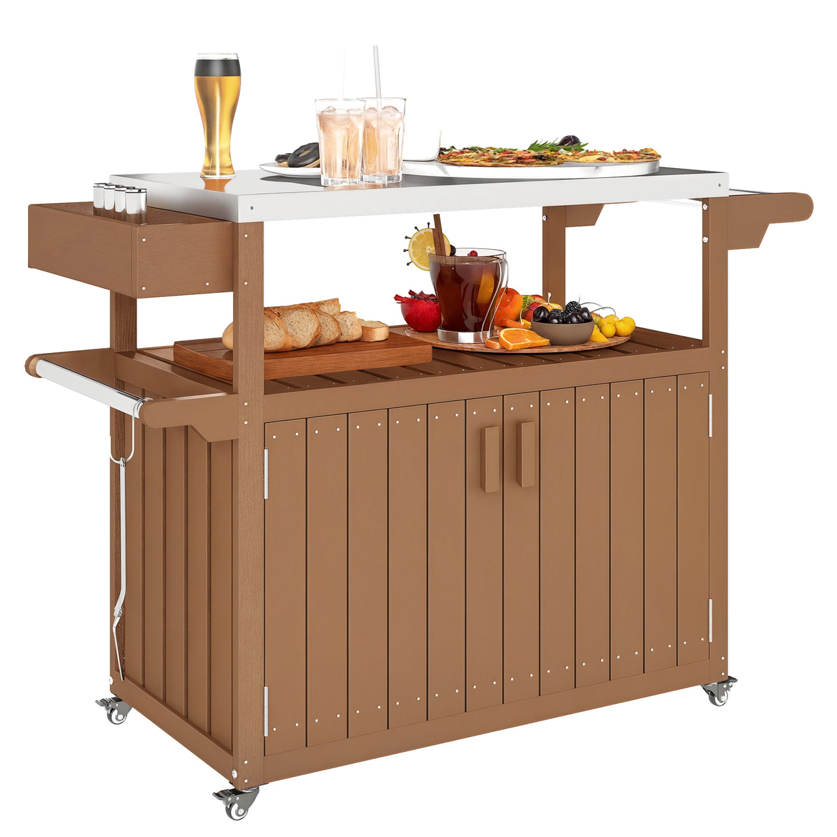 Outdoor Bar Cart with Storage, Stainless Steel Outdoor Bar Table Top, Wheeled HDPE Kitchen Island for Food Prep, Brown