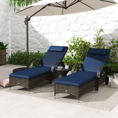 2 Reclining Chaise Lounge Chairs, Rolling Outdoor Chairs with Cushion, Pillow, Headrest, Armrests, and Wheels, Dark Blue