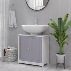 Pedestal Sink Storage Cabinet, Bathroom Sink Cabinet with U-Shape Cut-Out and Adjustable Shelf, White and Gray