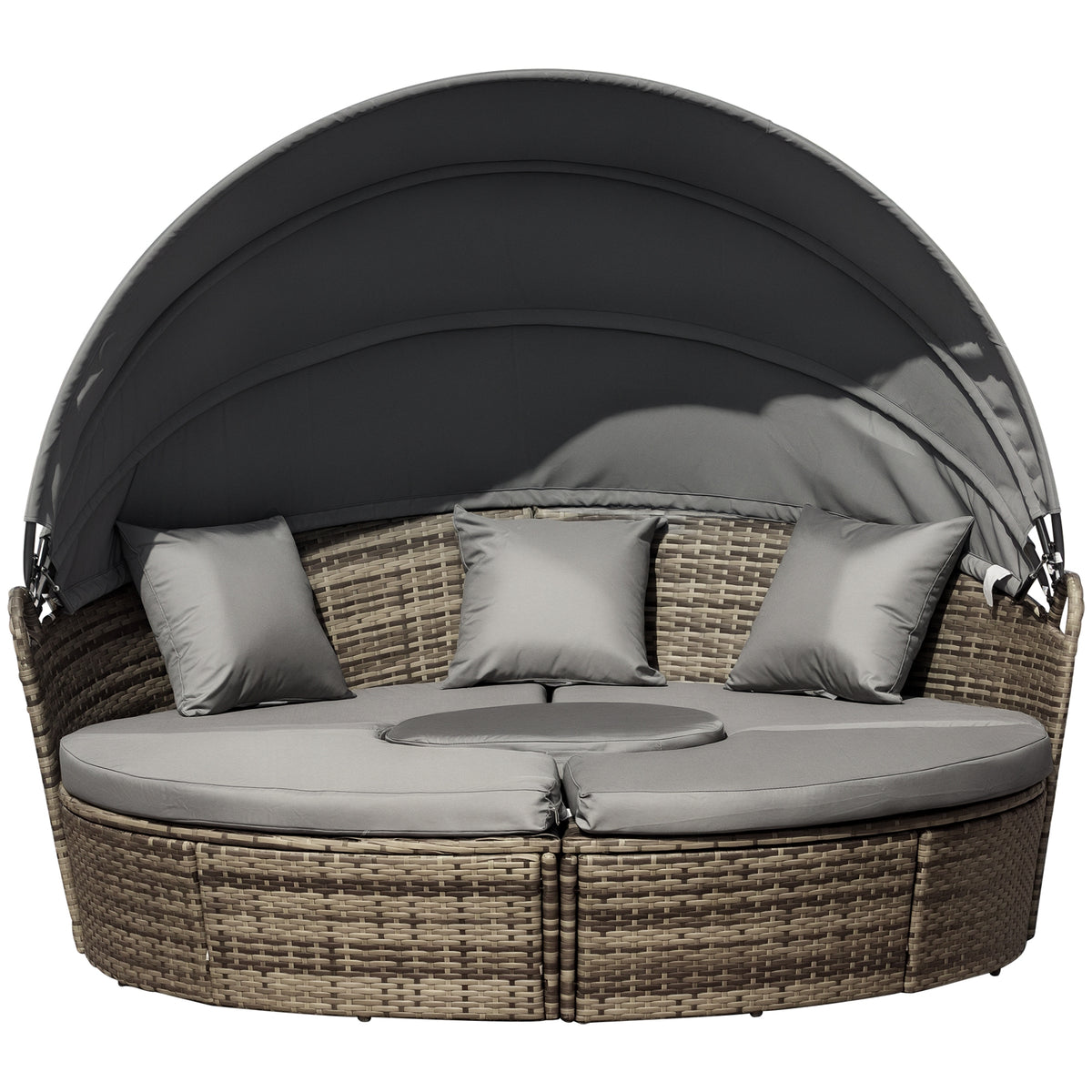 4-Piece Round Convertible Daybed with Cushions, Outdoor PE Rattan Patio Wicker Sofa Set, Sunbed with Adjustable Sun Canopy, Sectional Sofa, 2 Chairs, Table, 3 Pillows, Dark Gray