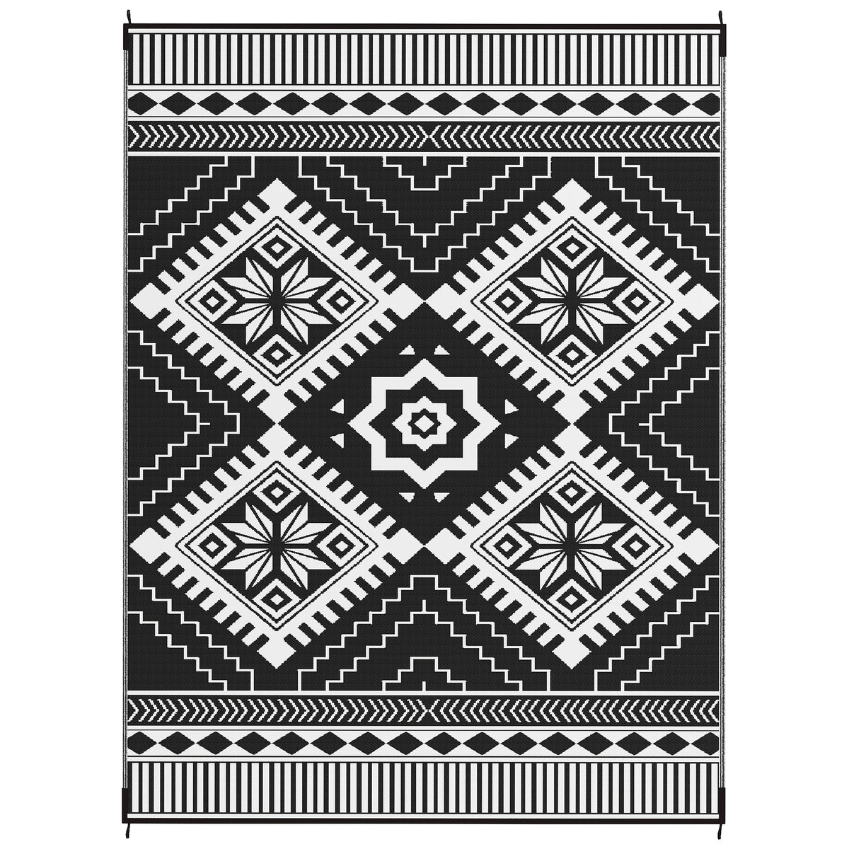 Reversible Outdoor Rug, Waterproof Plastic Straw with Carry Bag, 9' x 12', White & Black Toothed Rhombus
