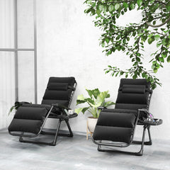 Zero Gravity Lounge Chair Set, 2 Pieces Reclining Folding Outdoor Lounge Chairs with Cushion, Headrest, Side Tray, Black