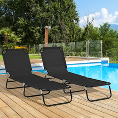 2 Piece Folding Chaise Lounge Pool Chairs, Outdoor Sun Tanning Chairs with 5-Level Reclining Back, Steel Frame for Beach, Yard, Patio, Black