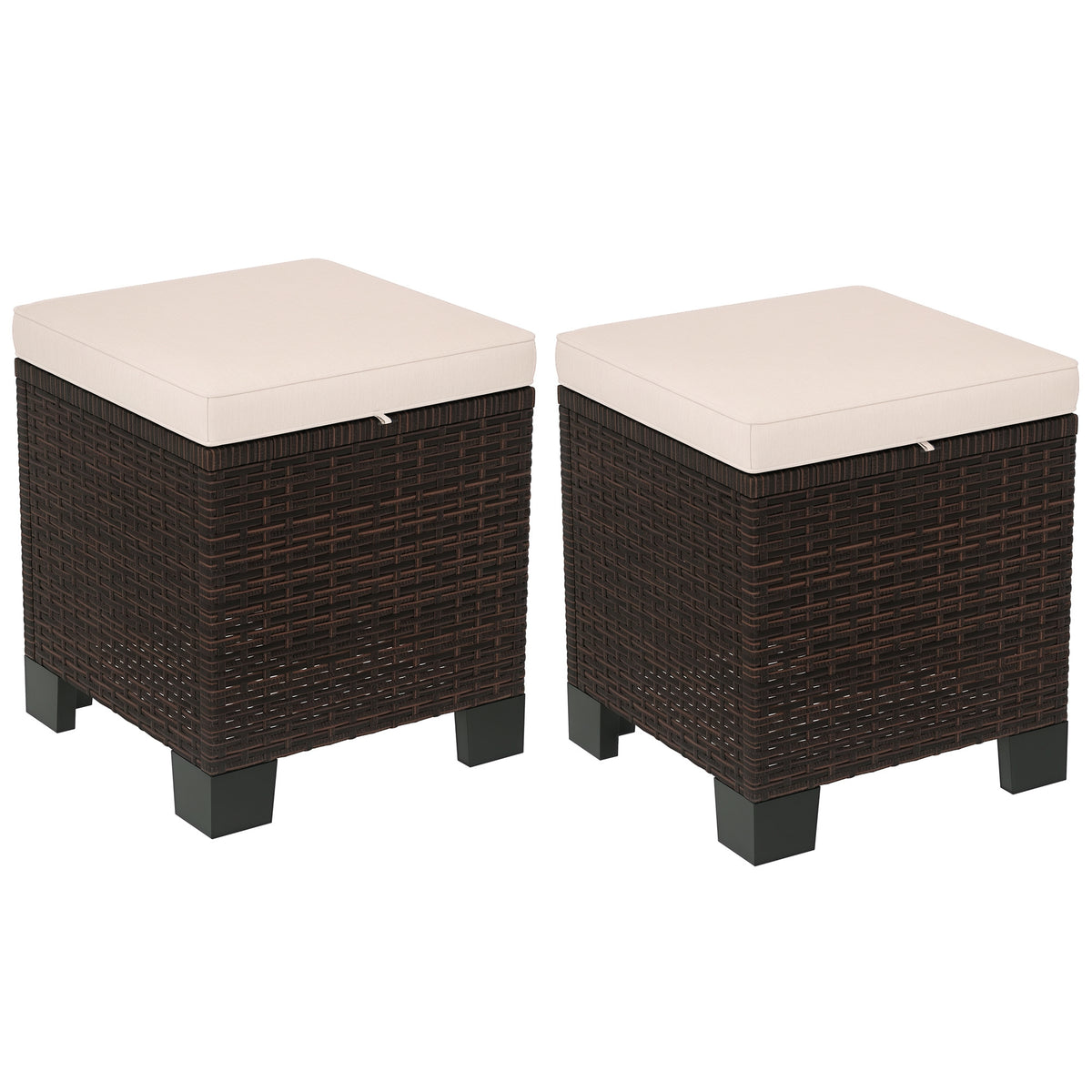 2 Piece Wicker Outdoor Ottomans with Cushions, Rattan Ottoman Footrest and Side Table for Patio, Yard, Poolside, Cream