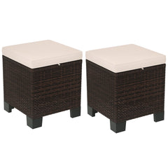 2 Piece Wicker Outdoor Ottomans with Cushions, Rattan Ottoman Footrest and Side Table for Patio, Yard, Poolside, Cream