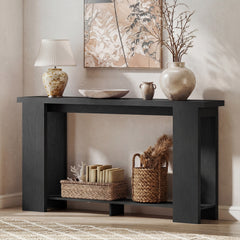 Farmhouse Console Table, 63" Narrow Entryway Table with Thickened Tabletop for Living Room, Hallway, Distressed Black