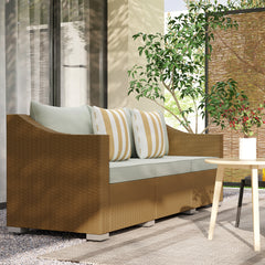Rattan Wicker 3 Seater Patio Couch with Cushions, 2 Throw Pillows, Outdoor Furniture Rattan Sofa, Light Gray
