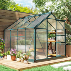 6' x 8' Greenhouse for Outdoors, Polycarbonate Greenhouse with Rain Gutter and Roof Vent, Aluminum Walk-in Green Houses for Outside for Patio Backyard Garden, Dark Green