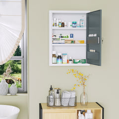 Bathroom Medicine Cabinet with Shelves Inside & On Door, Locking Medical Cabinet for Child & Pet Safety, First Aid Bathroom Wall Cabinet, White and Grey