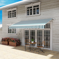 12' x 10' Retractable Awning Patio Awnings Sun Shade Shelter with Manual Crank Handle, 280g/m² UV & Water-Resistant Fabric and Aluminum Frame for Deck, Balcony, Yard, Green and White