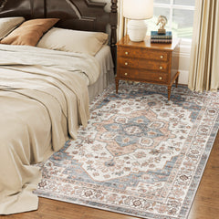 5x7 Area Rug, Vintage Machine Washable Rug, Non-Slip Carpet for Living Room, Bedroom, Dining Room, Brown & Light Blue