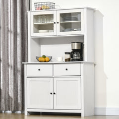 63.5" Kitchen Buffet with Hutch, Pantry Storage Cabinet with 4 Shelves, Drawers, Framed Glass Doors, Open Microwave Countertop, Antique White