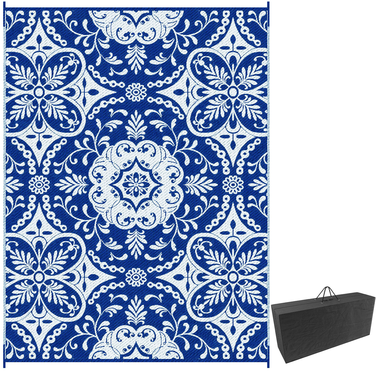 Outdoor Rug for Patio, 9' x 12' Waterproof Large Mat, Reversible Plastic Straw Rug for Decor, Portable Outside RV Camping Area Carpet Mat for Backyard Porch Deck Picnic, Blue & White Floral
