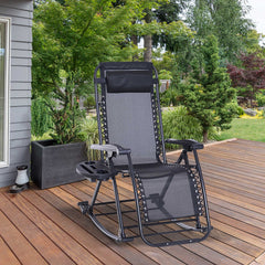 Outdoor Rocking Chairs, Foldable Reclining Zero Gravity Lounge Rocker with Pillow, Cup & Phone Holder, Combo Design with Folding Legs, Black