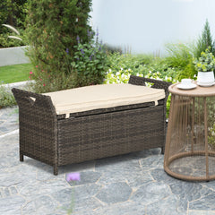 29 Gallon Patio Wicker Storage Bench, Outdoor PE Rattan Patio Furniture, 2-In-1 Large Capacity Rectangle Garden Storage Box with Handles and Cushion, Cream White