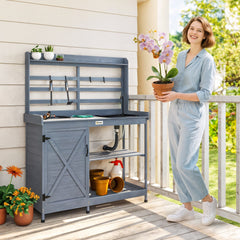 Wooden Potting Bench with Storage, Sink, Water Tap for Backyard, Patio, Balcony, Gray