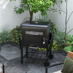 Charcoal BBQ Grill w/ Adjustable Height, Folding Shelves, Thermometer, and Wheels, Black