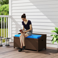 Outdoor Wicker Storage Bench with Storage & Cushion, Blue