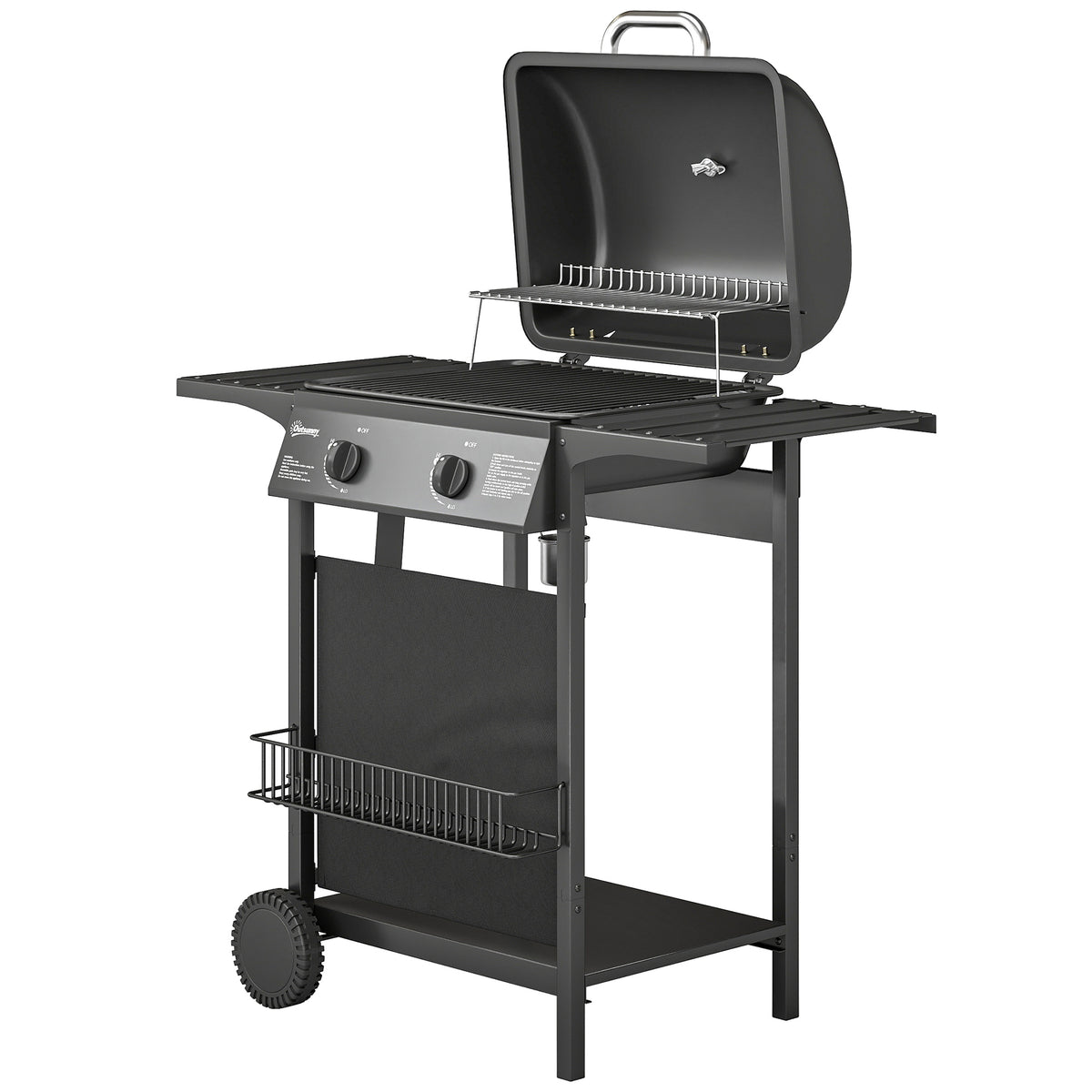 2 Burner Propane Gas Grill, 18000 BTU BBQ Grill with Wheels, Warming Rack, Shelf, Thermometer, Grease Cup, Black
