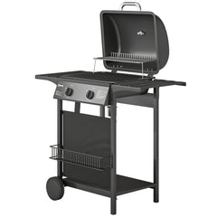 2 Burner Propane Gas Grill, 18000 BTU BBQ Grill with Wheels, Warming Rack, Shelf, Thermometer, Grease Cup, Black