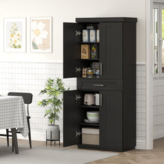 Modern Kitchen Pantry Freestanding Cabinet Cupboard with Doors and Drawer, Adjustable Shelving, Black