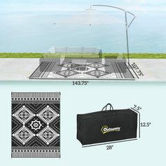 Reversible Outdoor Rug, Waterproof Plastic Straw with Carry Bag, 9' x 12', White & Black Toothed Rhombus
