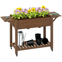 Wood Raised Planter Box, Elevated Garden Bed with Lockable Wheels, Side Tables, Bottom Shelf, Drain Holes, Carbonized