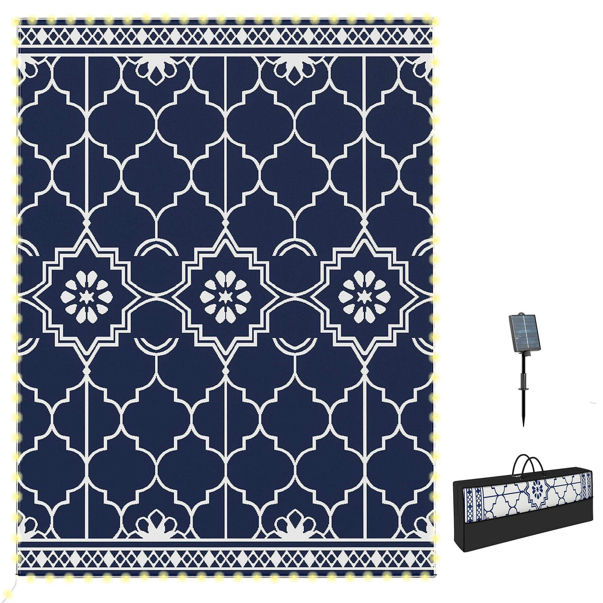 Reversible Outdoor Rug Carpet with LED Lights, 12' x 9' PP Straw Rug with Carry Bag and Ground Stakes