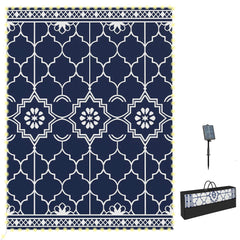 Reversible Outdoor Rug Carpet with LED Lights, 12' x 9' PP Straw Rug with Carry Bag and Ground Stakes