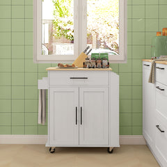 Rolling Island with Wheels for Kitchen, Kitchen Island on Rollers with Power Outlets, Drawer, and Doors, White
