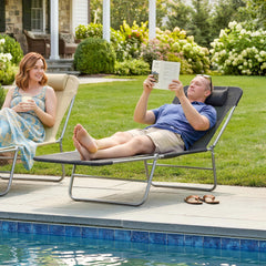 Folding Chaise Lounge Pool Chairs, Outdoor Sun Tanning Chairs with Pillow, Reclining Back, Steel Frame & Breathable Mesh for Beach, Yard, Patio, Black