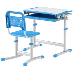 Height Adjustable Kids Desk and Chairs Set with Tilt Desktop, Storage Drawer, Pen Slot, Hook, Blue